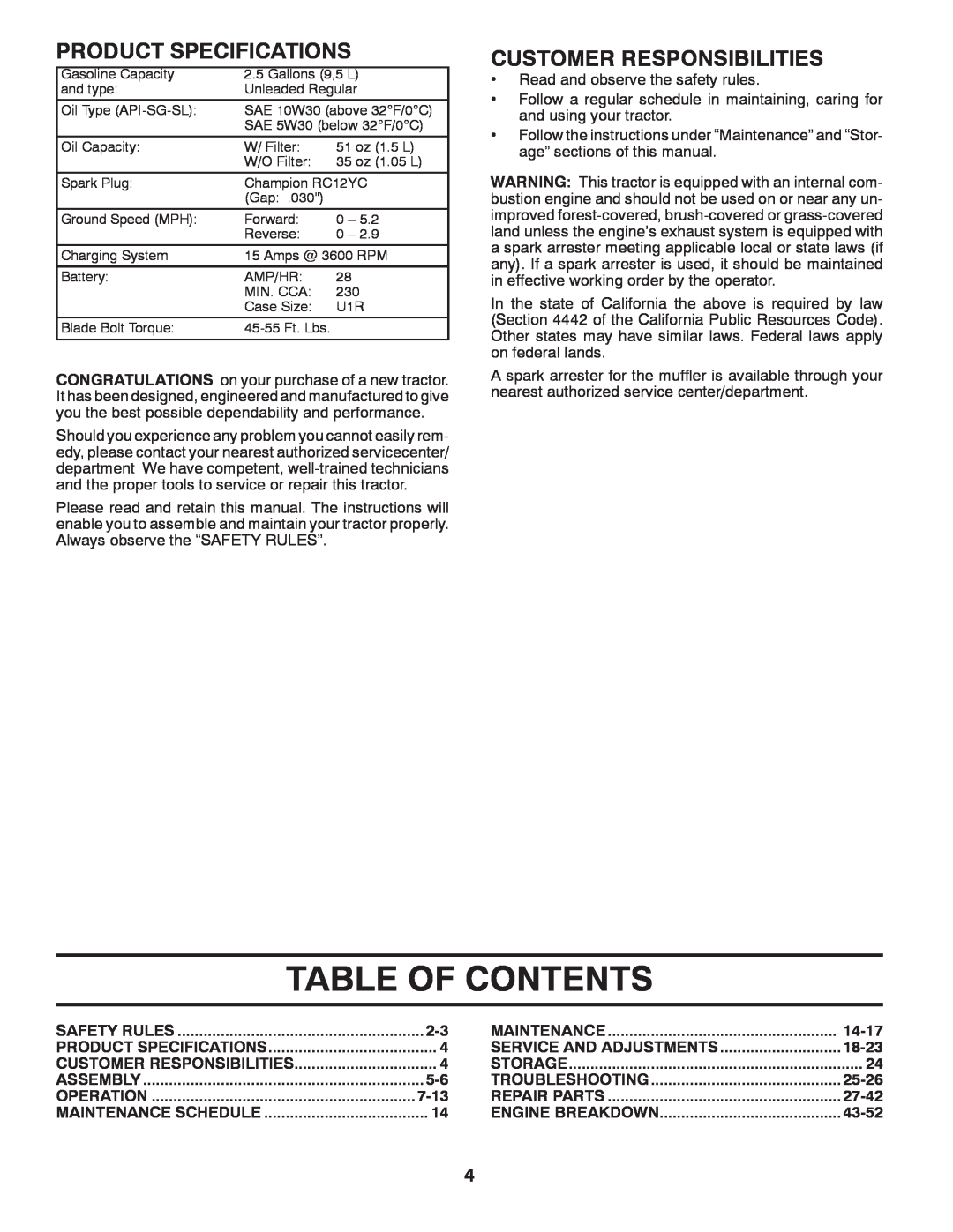 Husqvarna 917.24046 owner manual Table Of Contents, Product Specifications, Customer Responsibilities 