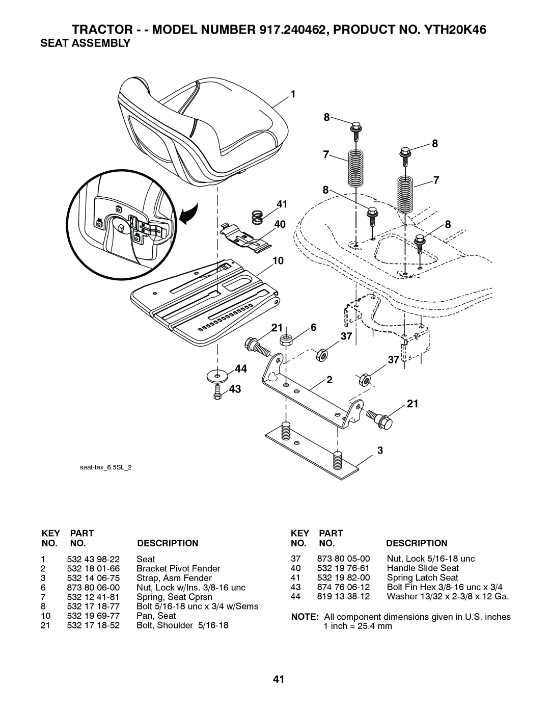 Husqvarna 917.240462 warranty Seat Assembly, 532 43 Seat 