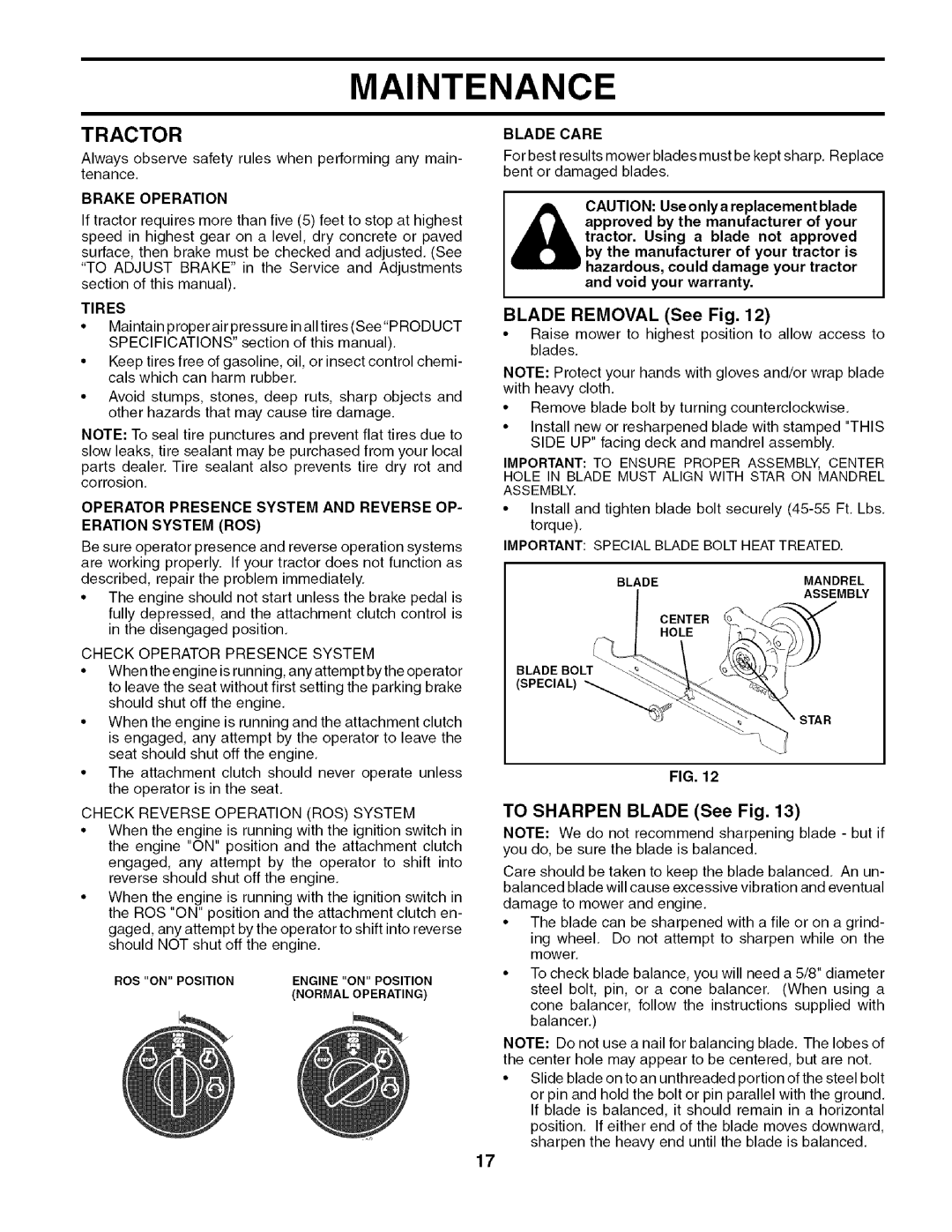 Husqvarna 917.27909 owner manual Tractor, Blade Removal See Fig, To Sharpen Blade See Fig 