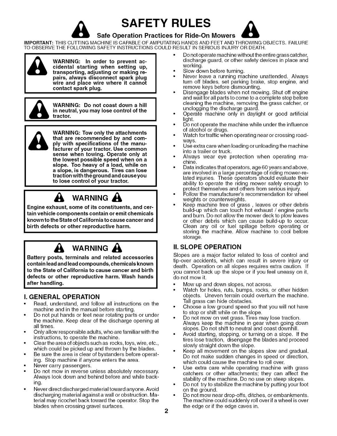 Husqvarna 917.27909 owner manual Safe Operation Practices for Ride-On Mowers, General Operation, II. Slope Operation 