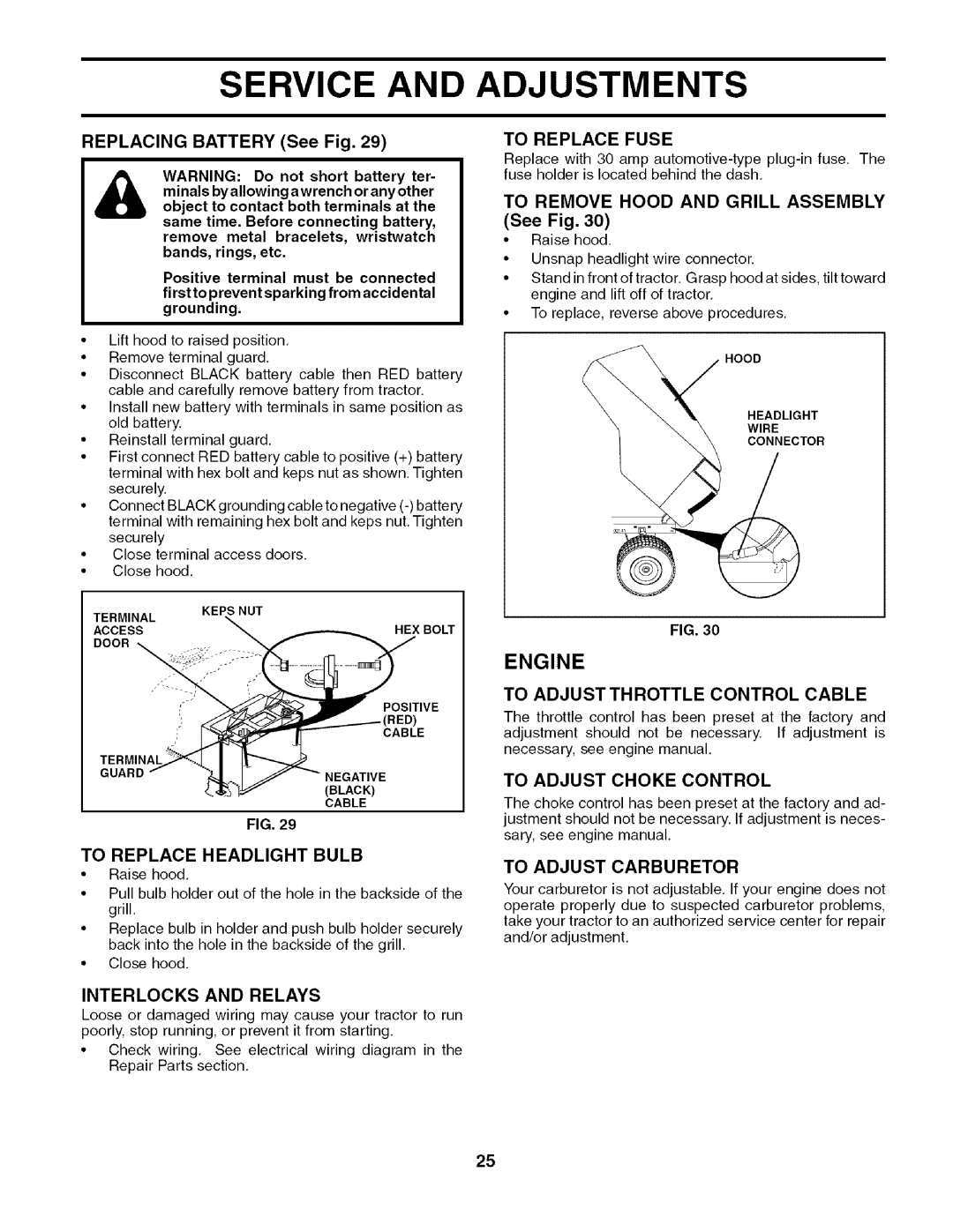 Husqvarna 917.27909 To Replace Headlight Bulb, Interlocks and Relays, To Replace Fuse, To Adjust Throttle Control Cable 