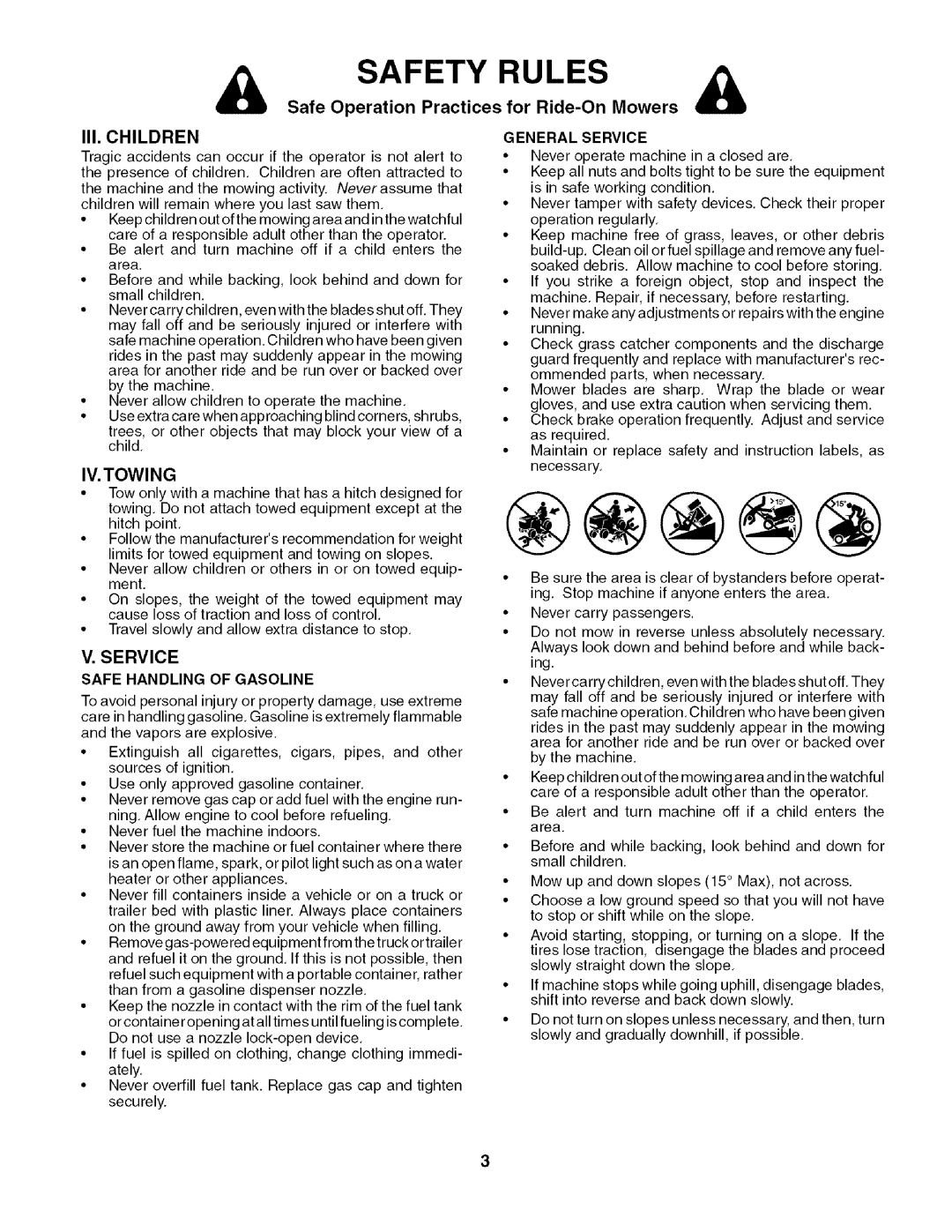 Husqvarna 917.27909 owner manual Safe Operation Practices, III. Children, IV. Towi NG, Service, For Ride-On Mowers 