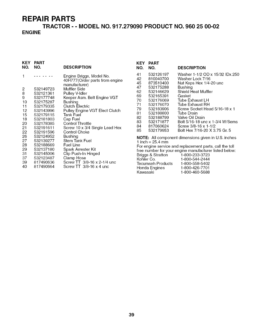 Husqvarna 917.27909 owner manual Key, Part 