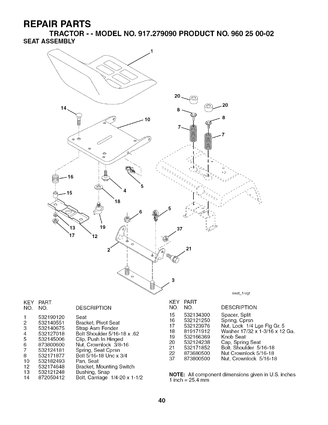 Husqvarna 917.27909 owner manual Seat Assembly, KEY Part Description 