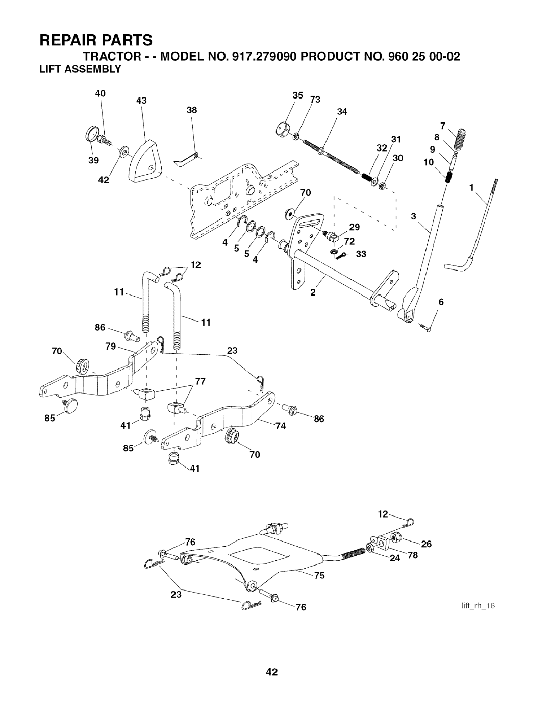 Husqvarna 917.27909 owner manual Lift Assembly 