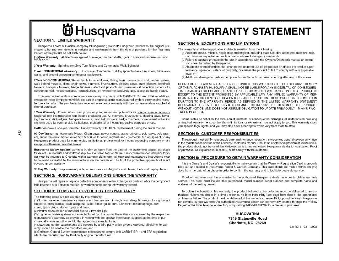 Husqvarna 917.27909 owner manual Husqvarna, Warranty Statement 