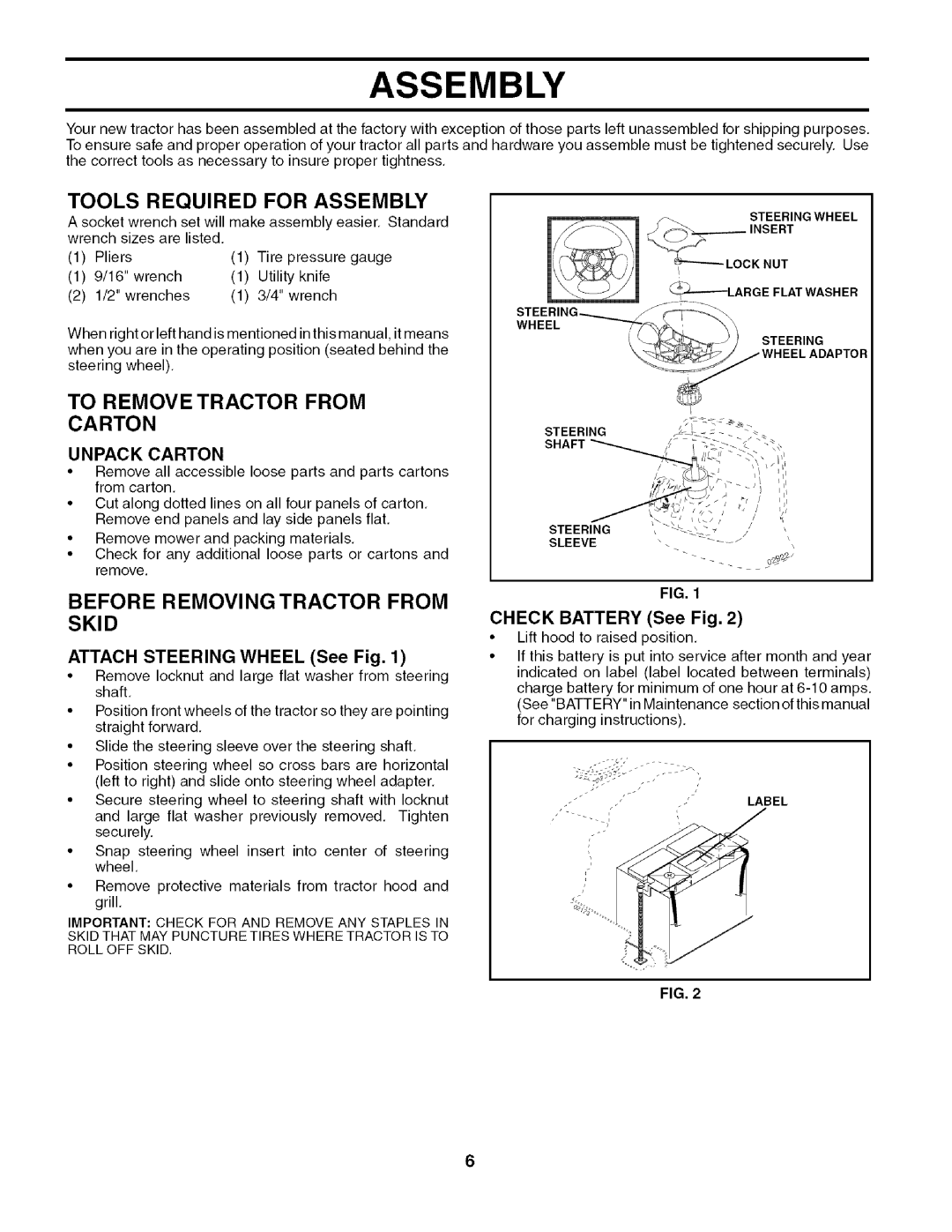 Husqvarna 917.27909 owner manual Tools Required for Assembly, Before Removing Tractor from Skid, Unpack Carton 