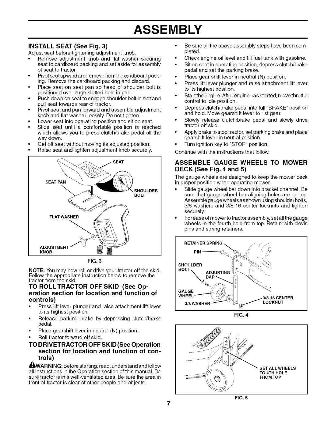 Husqvarna 917.27909 owner manual Assemble Gauge Wheels to Mower Deck See, Install Seat See Fig 