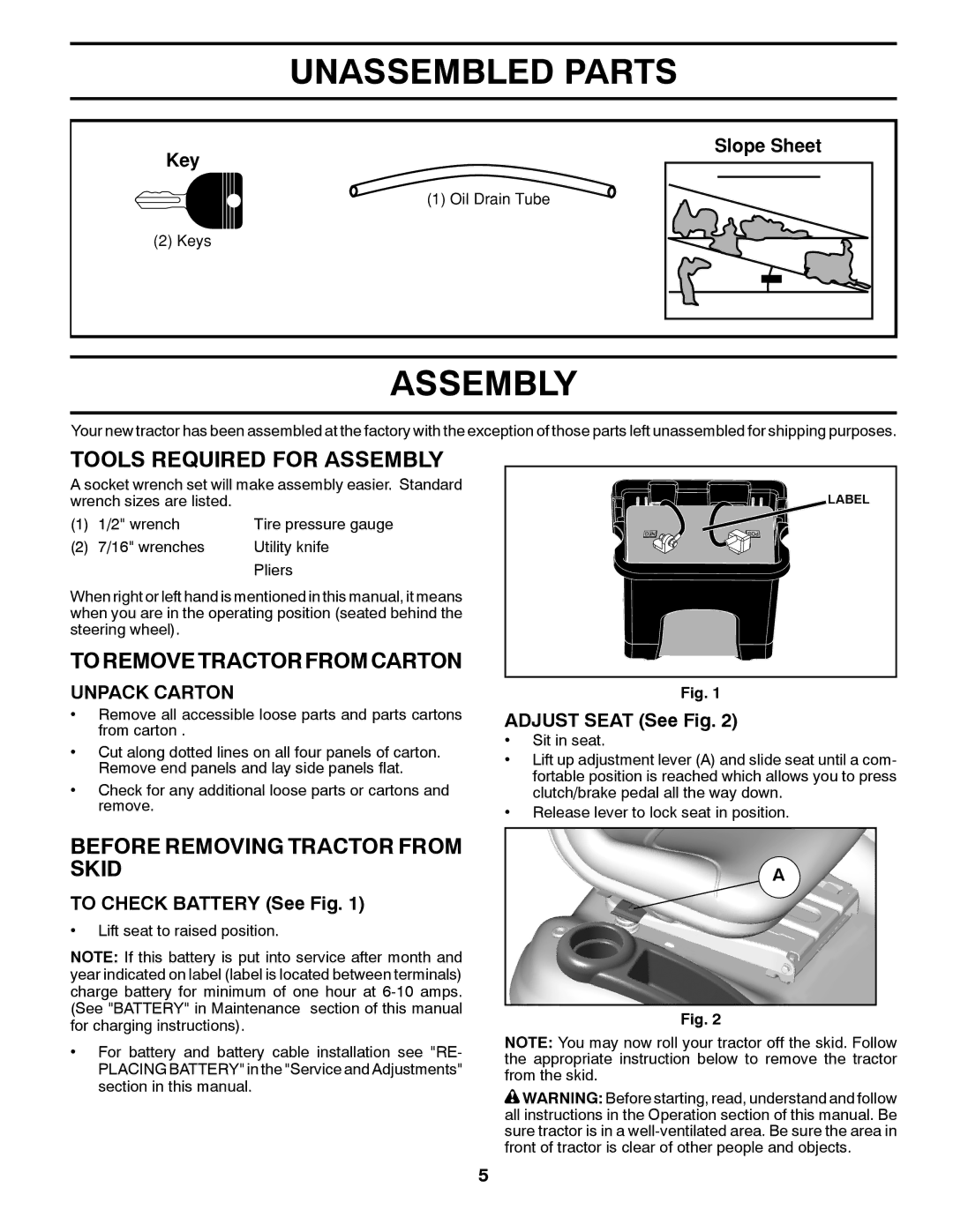 Husqvarna 917.289541 owner manual Unassembled Parts, Tools Required for Assembly, To Remove Tractor from Carton 