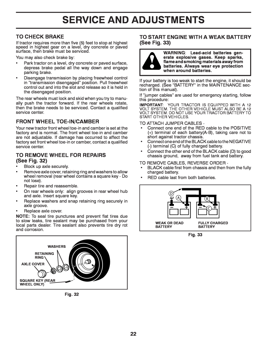 Husqvarna 917.289541 owner manual To Check Brake, Front Wheel Toe-In/Camber, TO REMOVE WHEEL FOR REPAIRS See Fig 