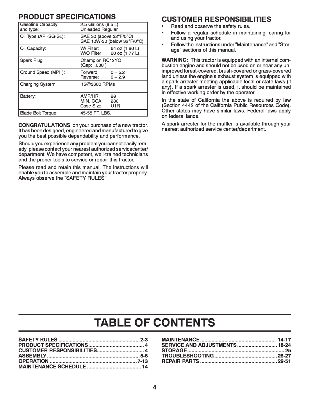 Husqvarna 917.289541 owner manual Table Of Contents, Product Specifications, Customer Responsibilities 