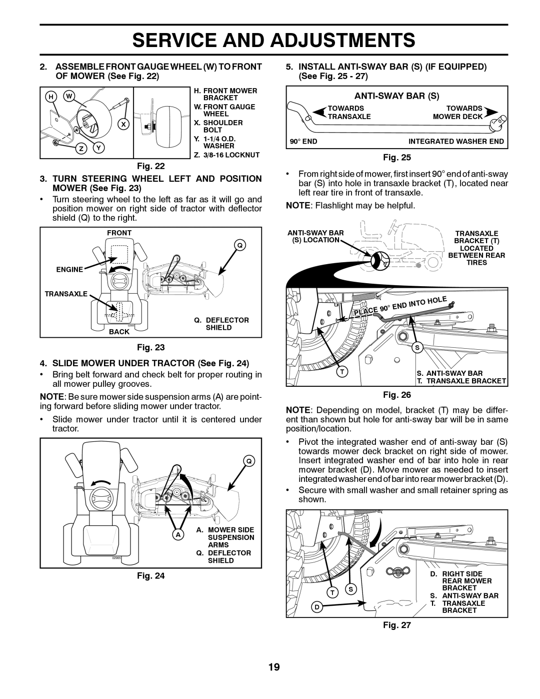 Husqvarna 532 43 38-61, 917.289570 owner manual Anti-Sway Bar S, Turn Steering Wheel Left and Position Mower See Fig 