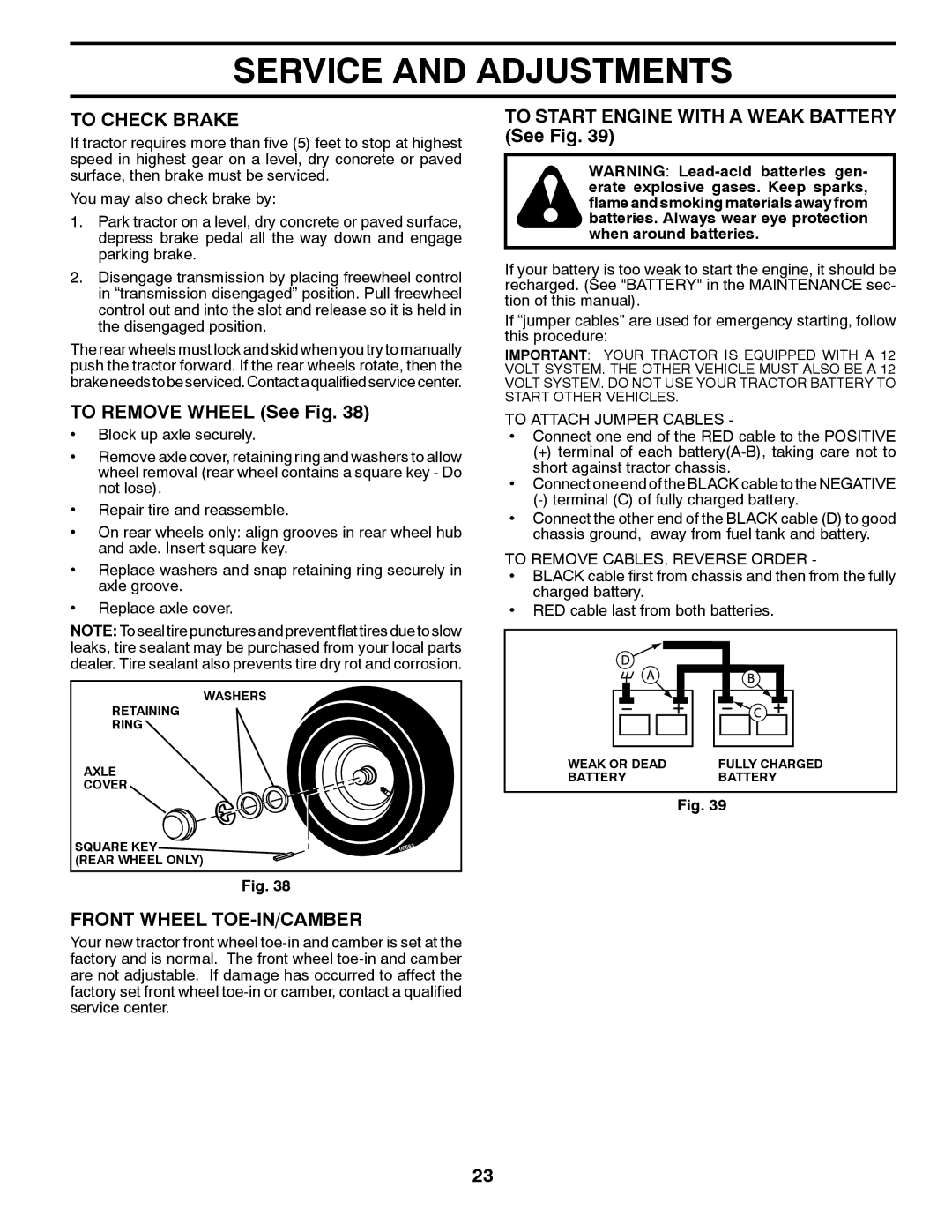 Husqvarna 532 43 38-61, 917.289570 owner manual To Check Brake, To Remove Wheel See Fig, Front Wheel TOE-IN/CAMBER 