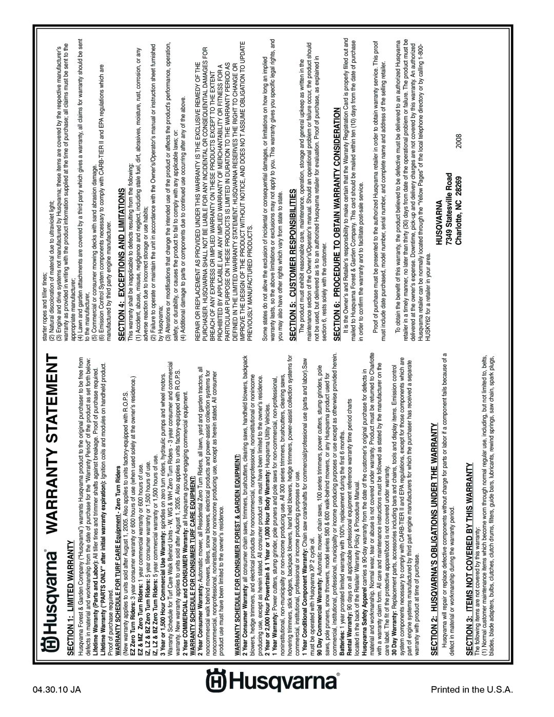 Husqvarna 917.289570, 532 43 38-61 owner manual Warranty Statement 