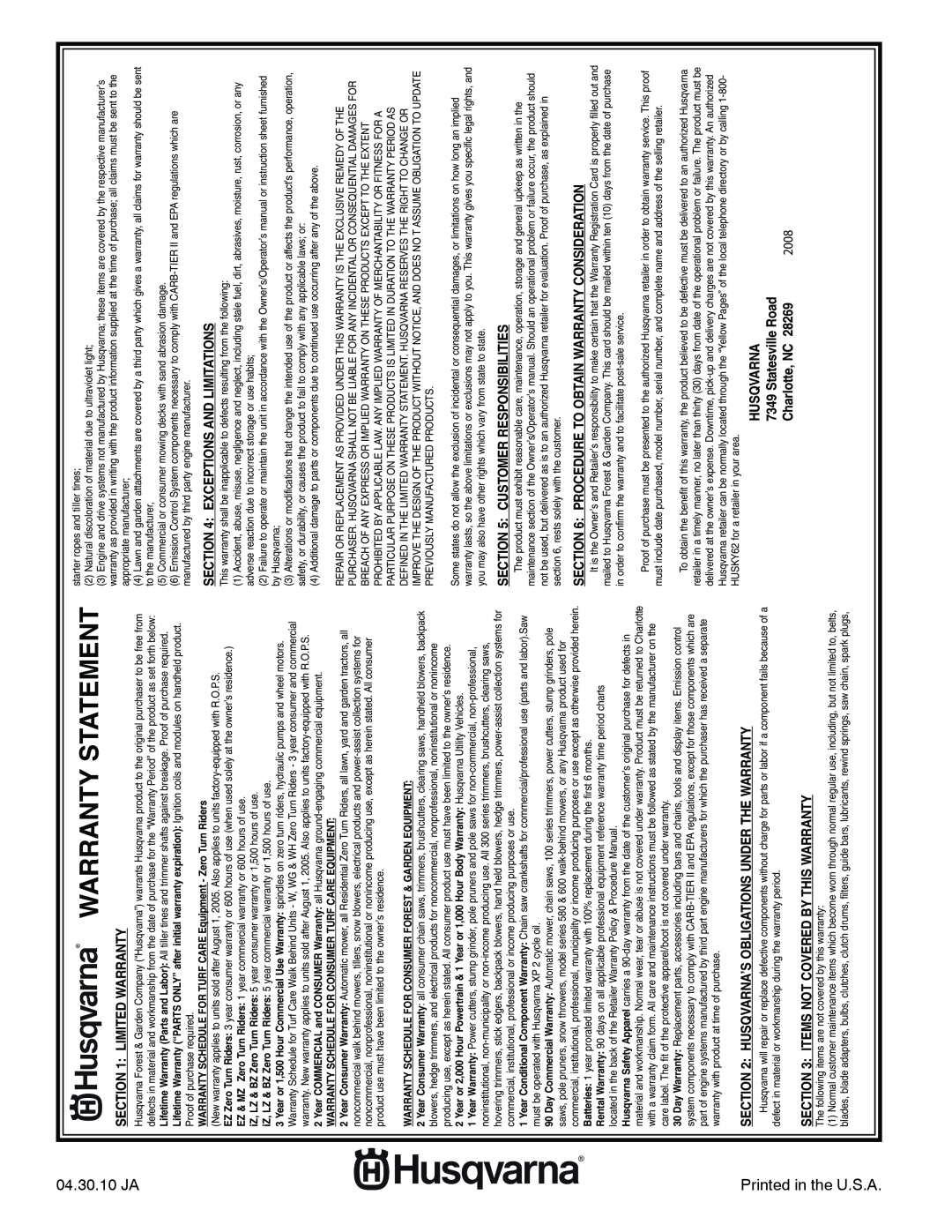 Husqvarna 917.289570 Warranty Statement, 2008, Charlotte, NC, WARRANTY SCHEDULE FOR TURF CARE Equipment - Zero Turn Riders 