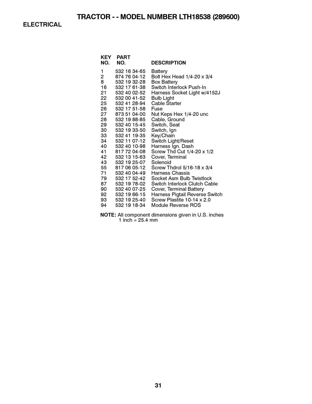 Husqvarna 917.2896 owner manual Tractor - Model Number LTH18538 