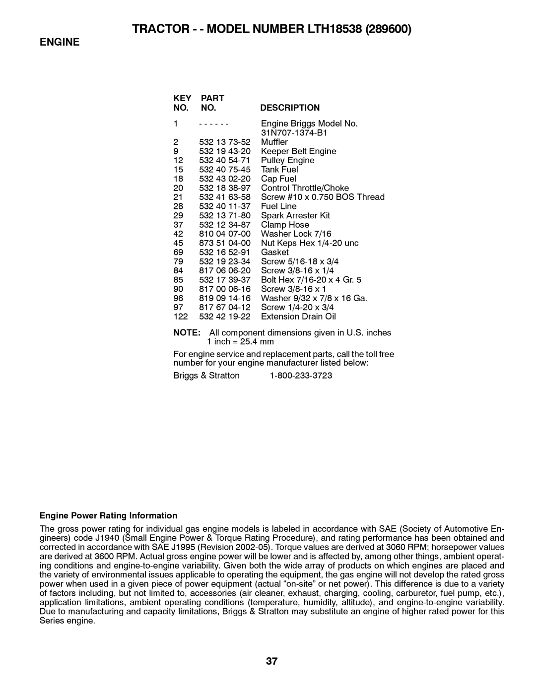 Husqvarna 917.2896 owner manual Engine Power Rating Information 