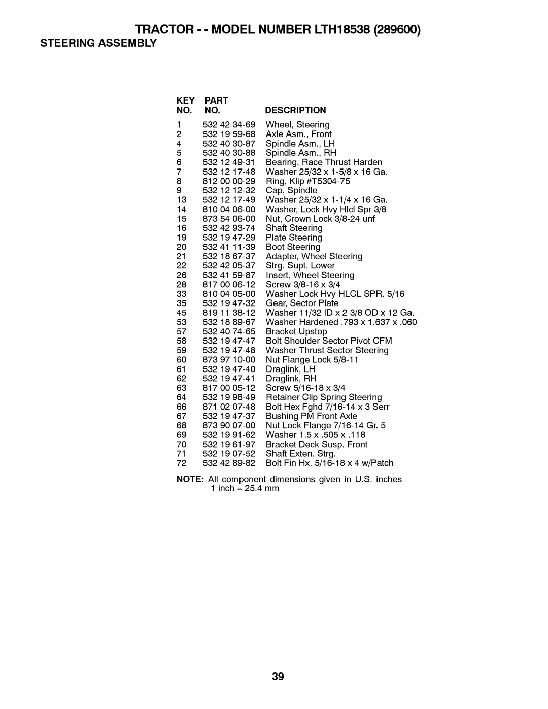 Husqvarna 917.2896 owner manual Tractor - Model Number LTH18538 