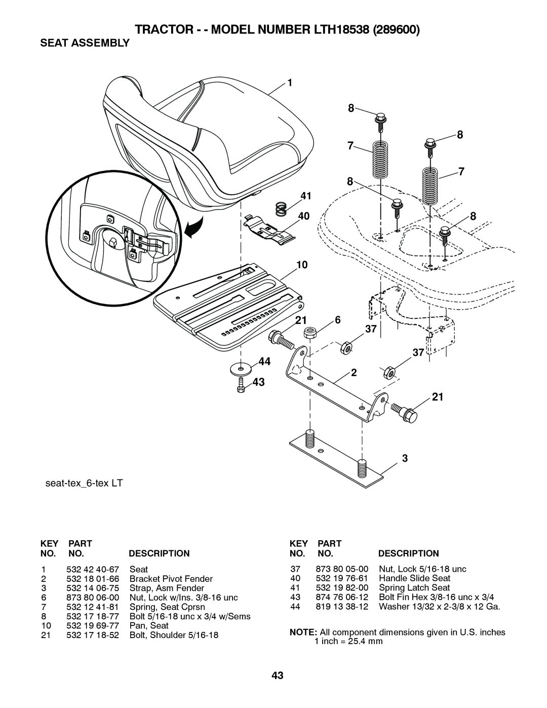 Husqvarna 917.2896 owner manual Seat Assembly, Seat-tex6-tex LT 