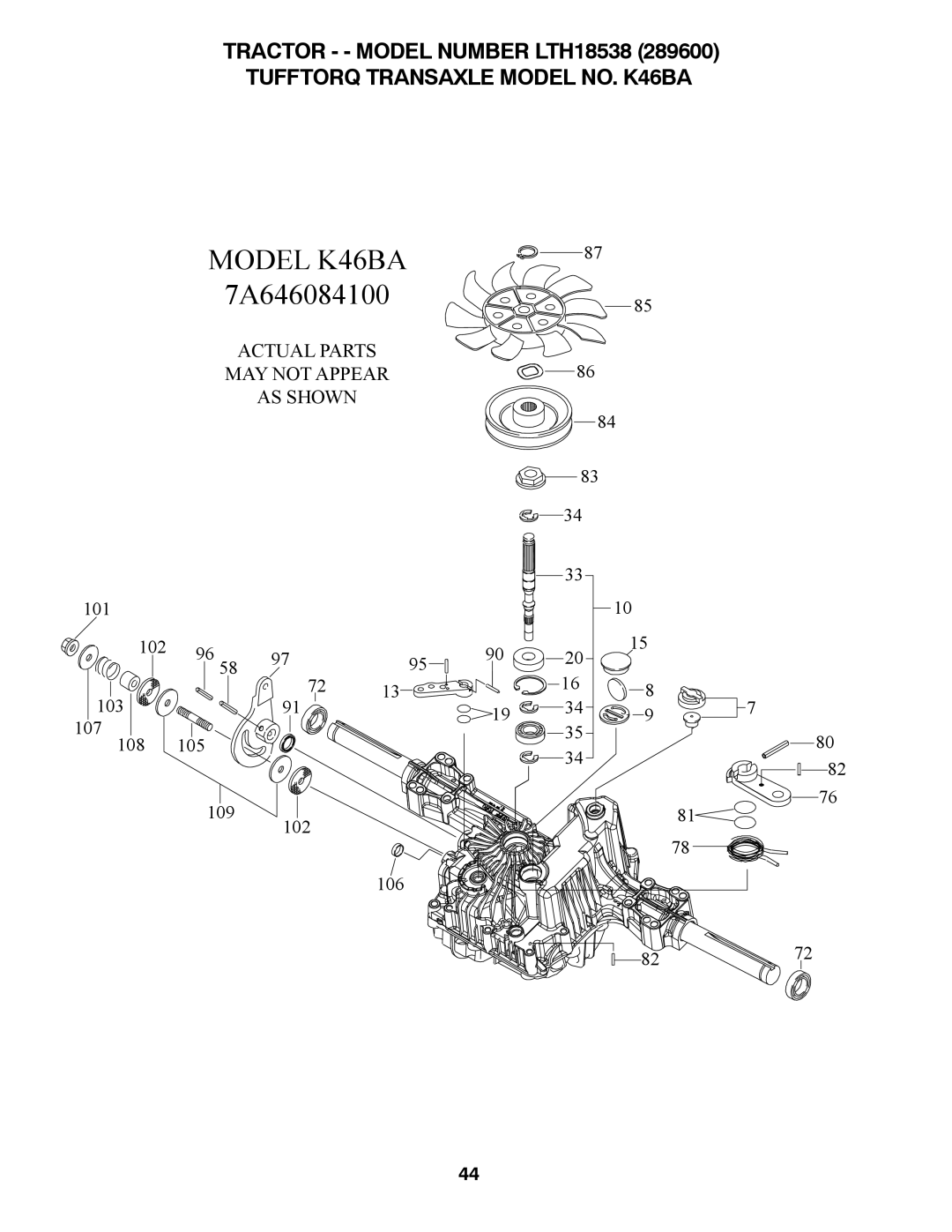 Husqvarna 917.2896 owner manual Model K46BA, Tufftorq Transaxle Model NO. K46BA 