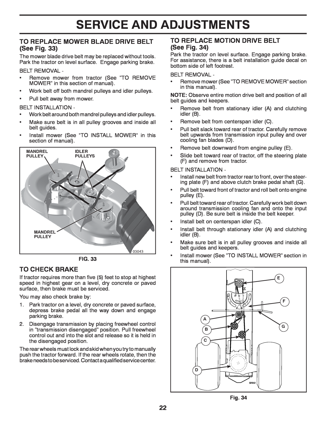 Husqvarna 917.2896 owner manual Service And Adjustments, TO REPLACE MOWER BLADE DRIVE BELT See Fig, To Check Brake 