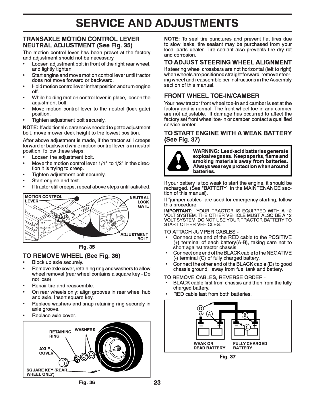 Husqvarna 917.2896 owner manual Service And Adjustments, TRANSAXLE MOTION CONTROL LEVER NEUTRAL ADJUSTMENT See Fig 