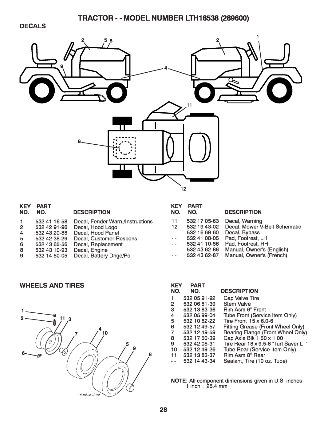 Husqvarna 917.2896 owner manual TRACTOR - - MODEL NUMBER LTH18538, Decals, Wheels And Tires 