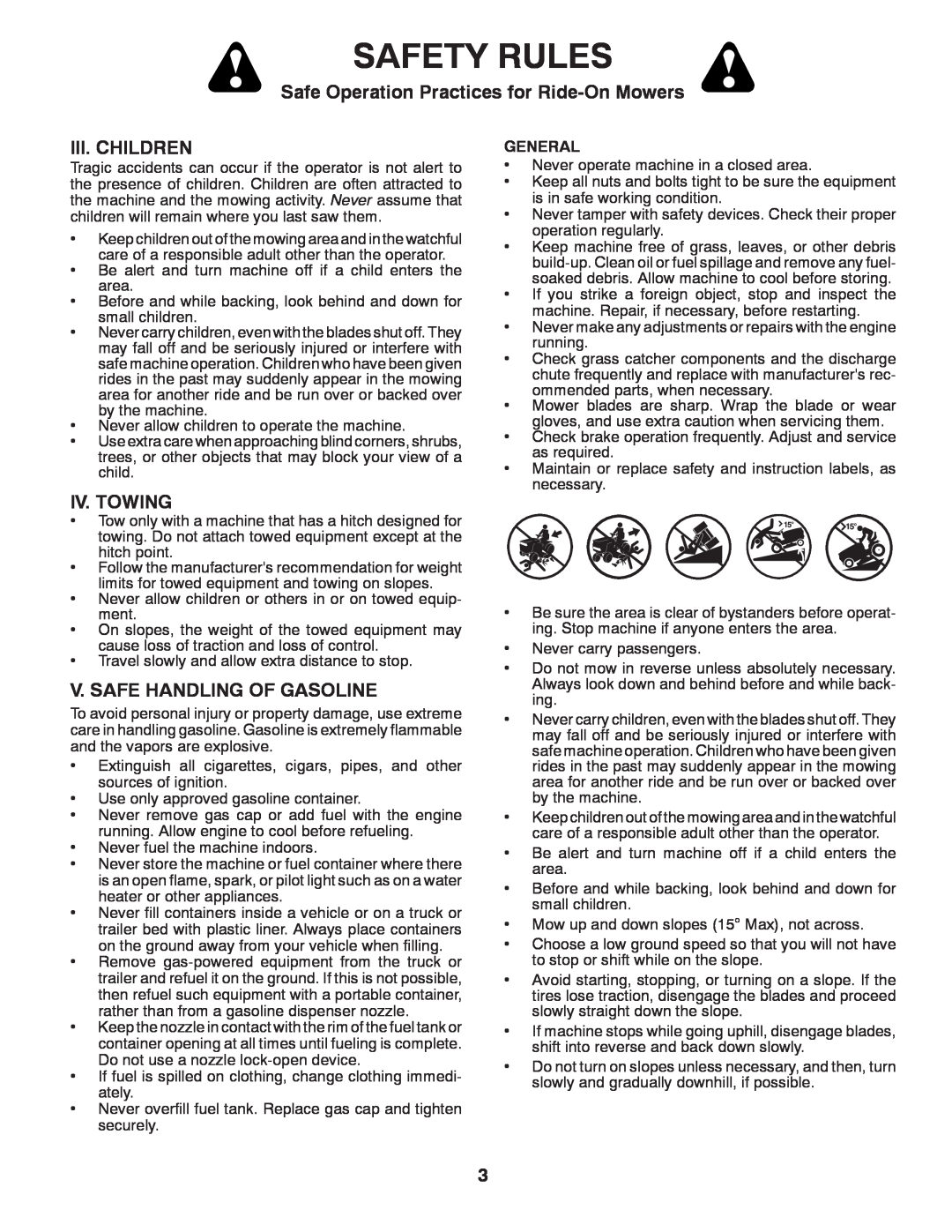 Husqvarna 917.2896 owner manual Safety Rules, Safe Operation Practices for Ride-On Mowers, Iii. Children, Iv. Towing 