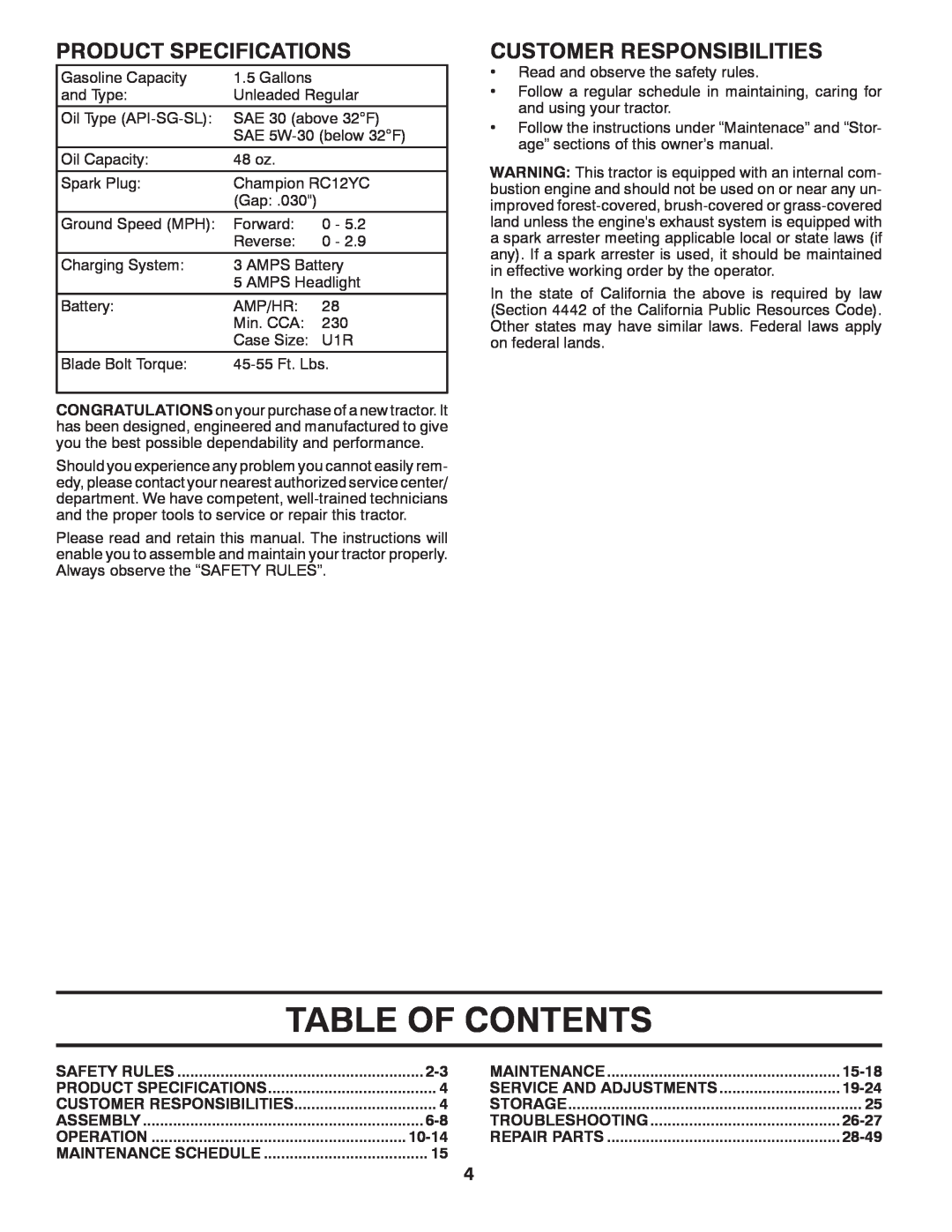 Husqvarna 917.2896 owner manual Table Of Contents, Product Specifications, Customer Responsibilities 