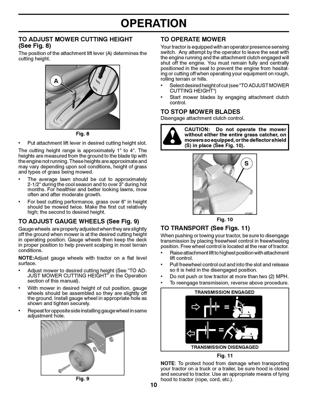 Husqvarna 917.28961 owner manual To Adjust Mower Cutting Height See Fig, To Adjust Gauge Wheels See Fig, To Operate Mower 