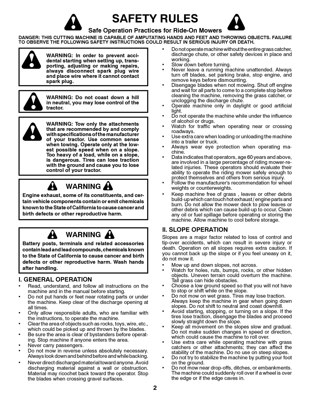 Husqvarna 917.28961 Safety Rules, Safe Operation Practices for Ride-On Mowers, General Operation, II. Slope Operation 