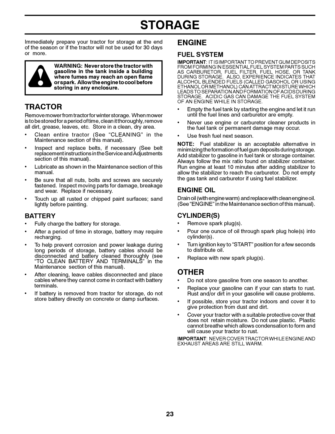 Husqvarna 917.28961 owner manual Storage, Other, Fuel System, Engine OIL, Cylinders 