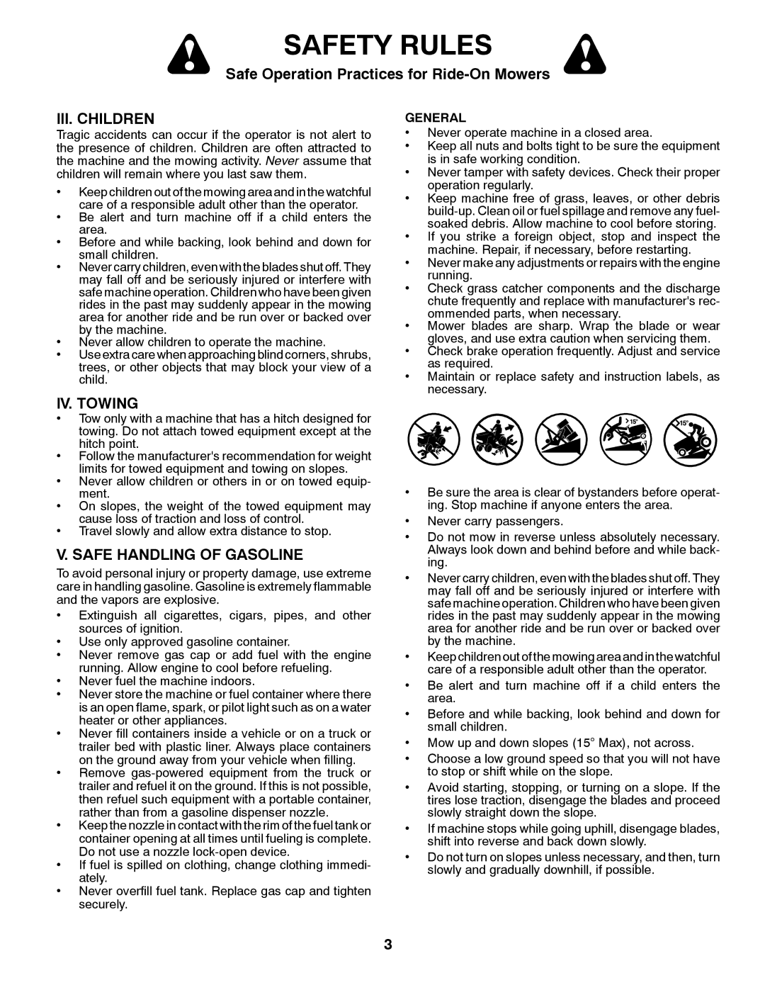 Husqvarna 917.28961 owner manual III. Children, IV. Towing, Safe Handling of Gasoline 