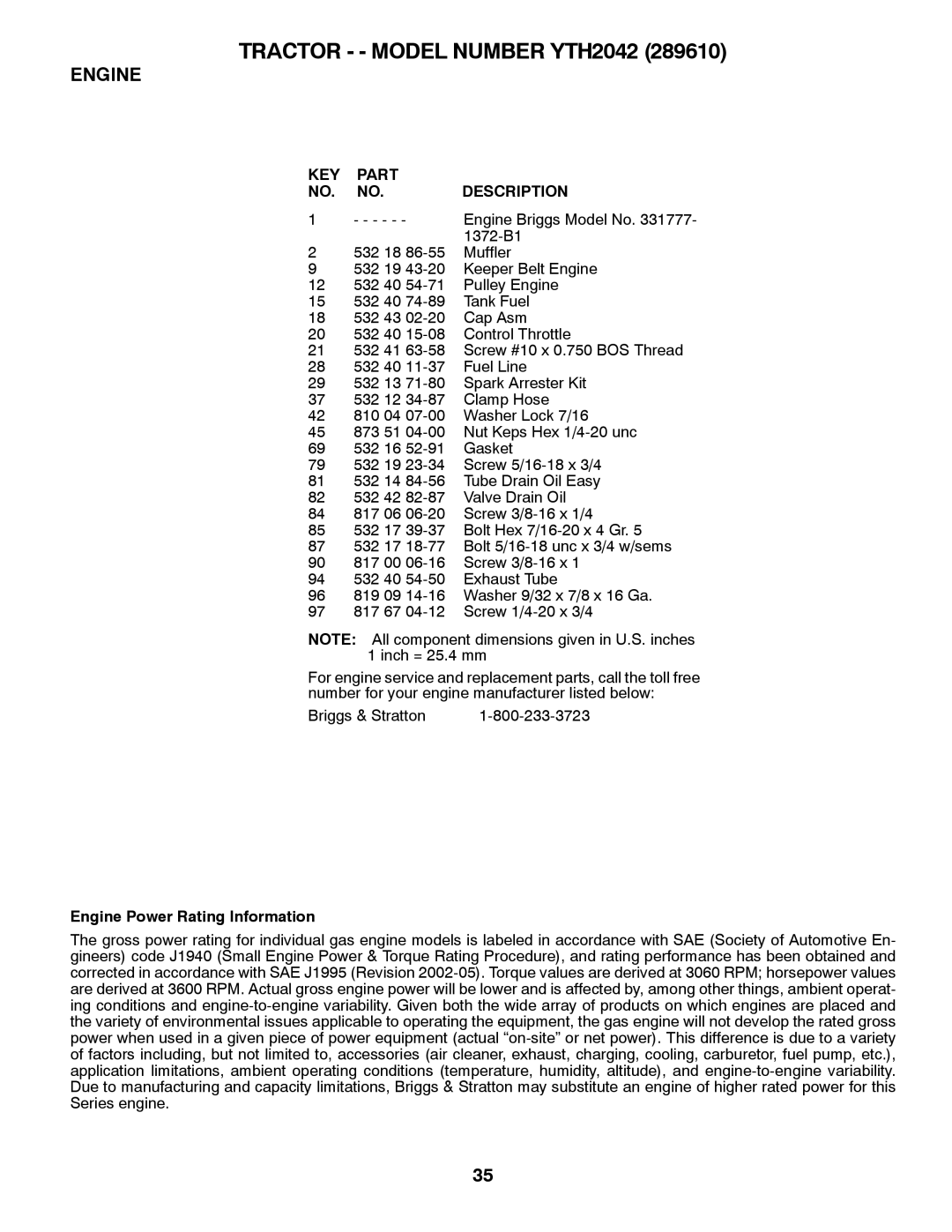 Husqvarna 917.28961 owner manual Engine Power Rating Information 