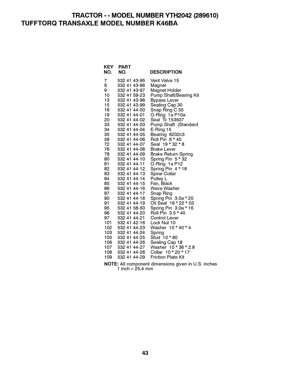 Husqvarna 917.28961 owner manual KEY Part Description 