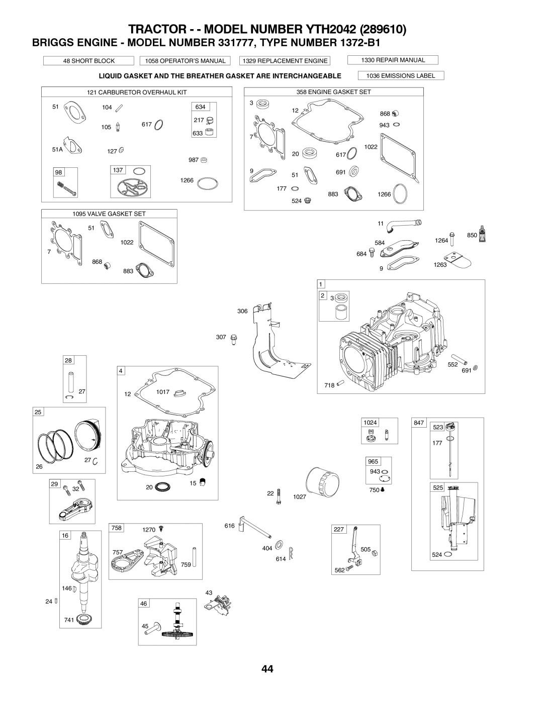 Husqvarna 917.28961 owner manual Briggs Engine Model Number 331777, Type Number 1372-B1 