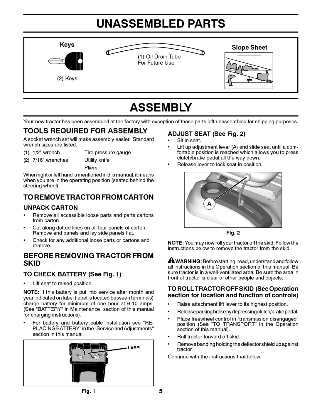 Husqvarna 917.28961 owner manual Unassembled Parts, Tools Required for Assembly, Toremovetractorfromcarton 