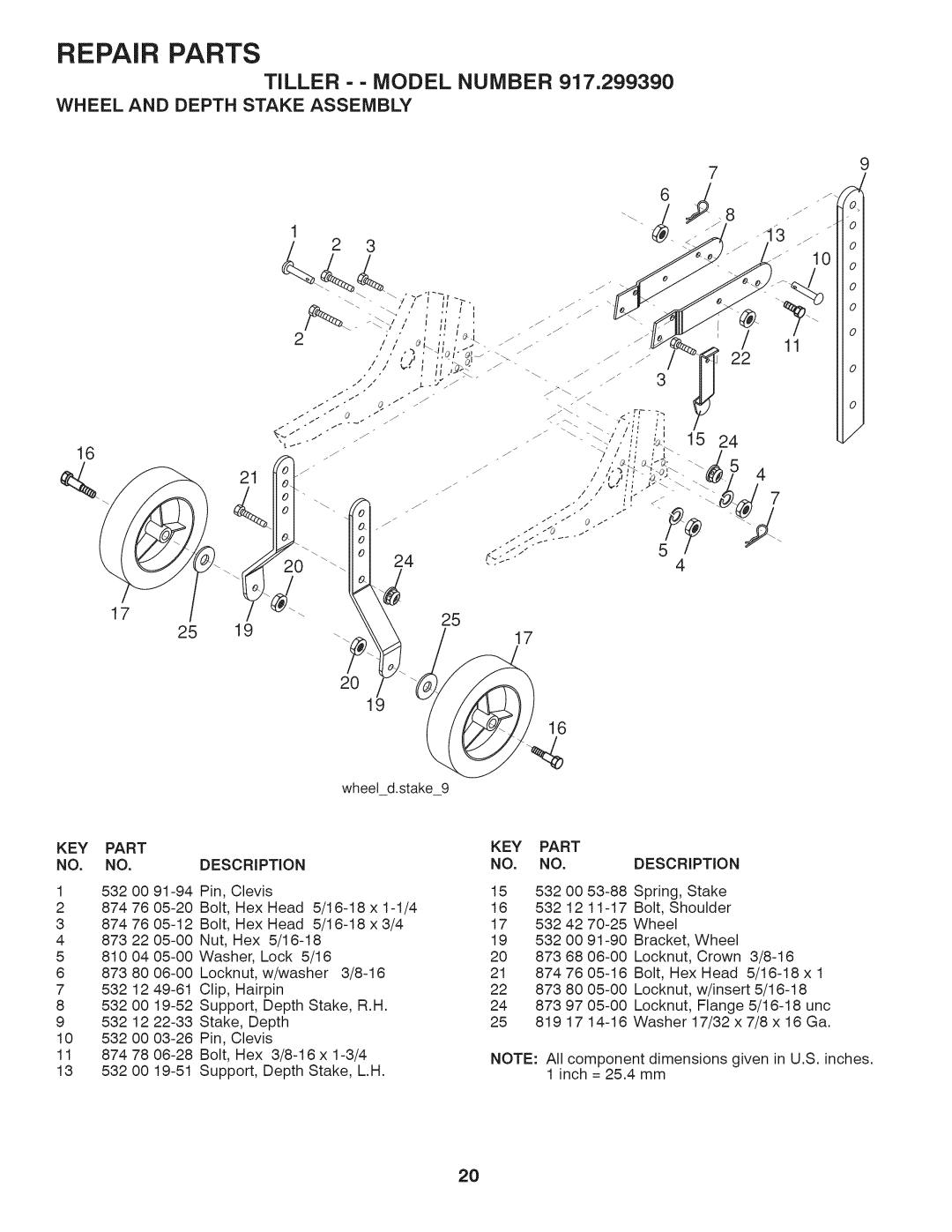 Husqvarna 917.29939 owner manual Wheel and Depth Stake Assembly, KEY Part Description 