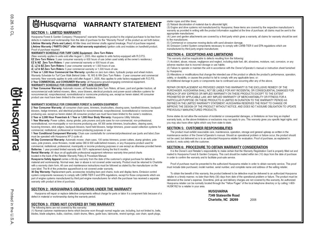 Husqvarna 917.29939 owner manual Husqvams Warranty Statement 