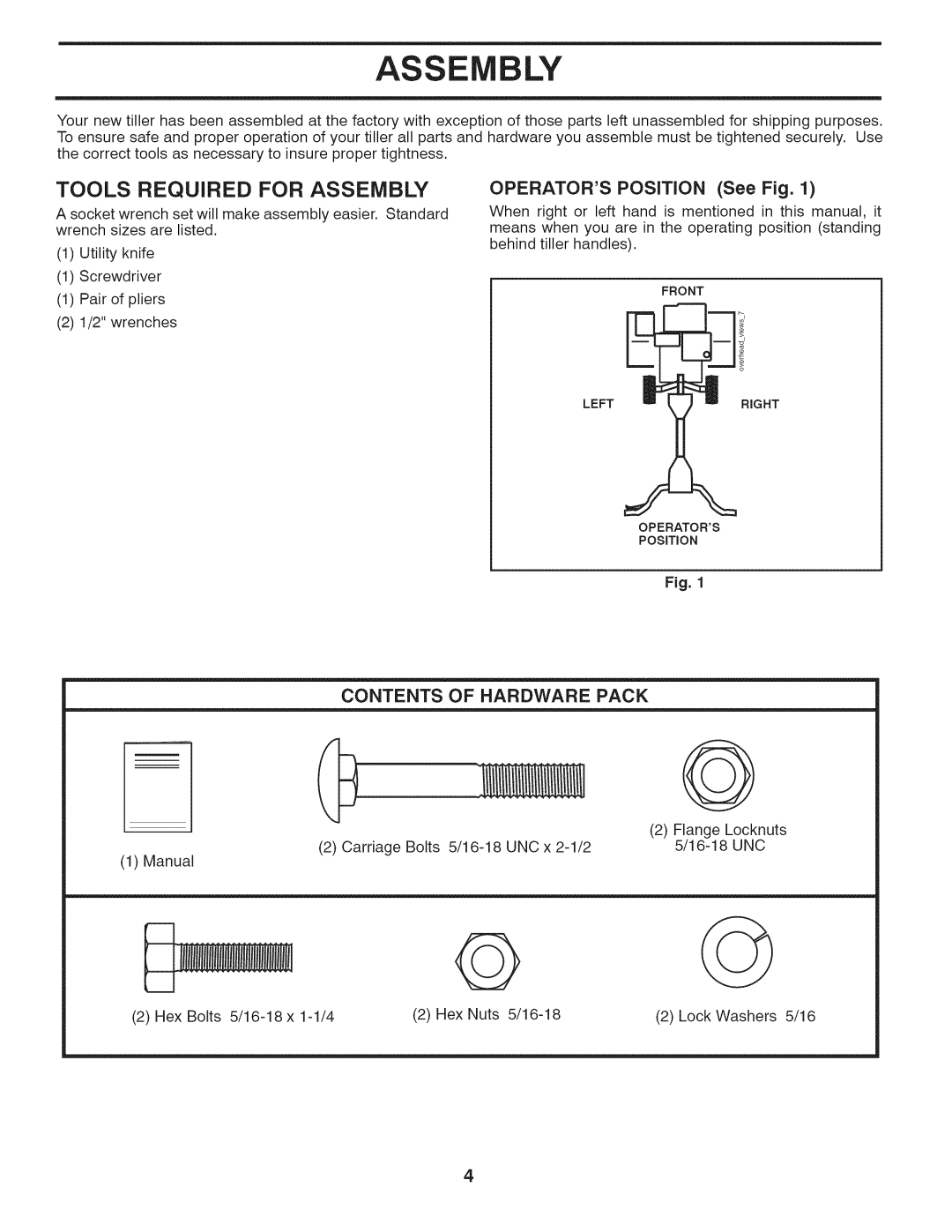 Husqvarna 917.29939 owner manual Tools Required for Assembly, Contents of Hardware Pack 