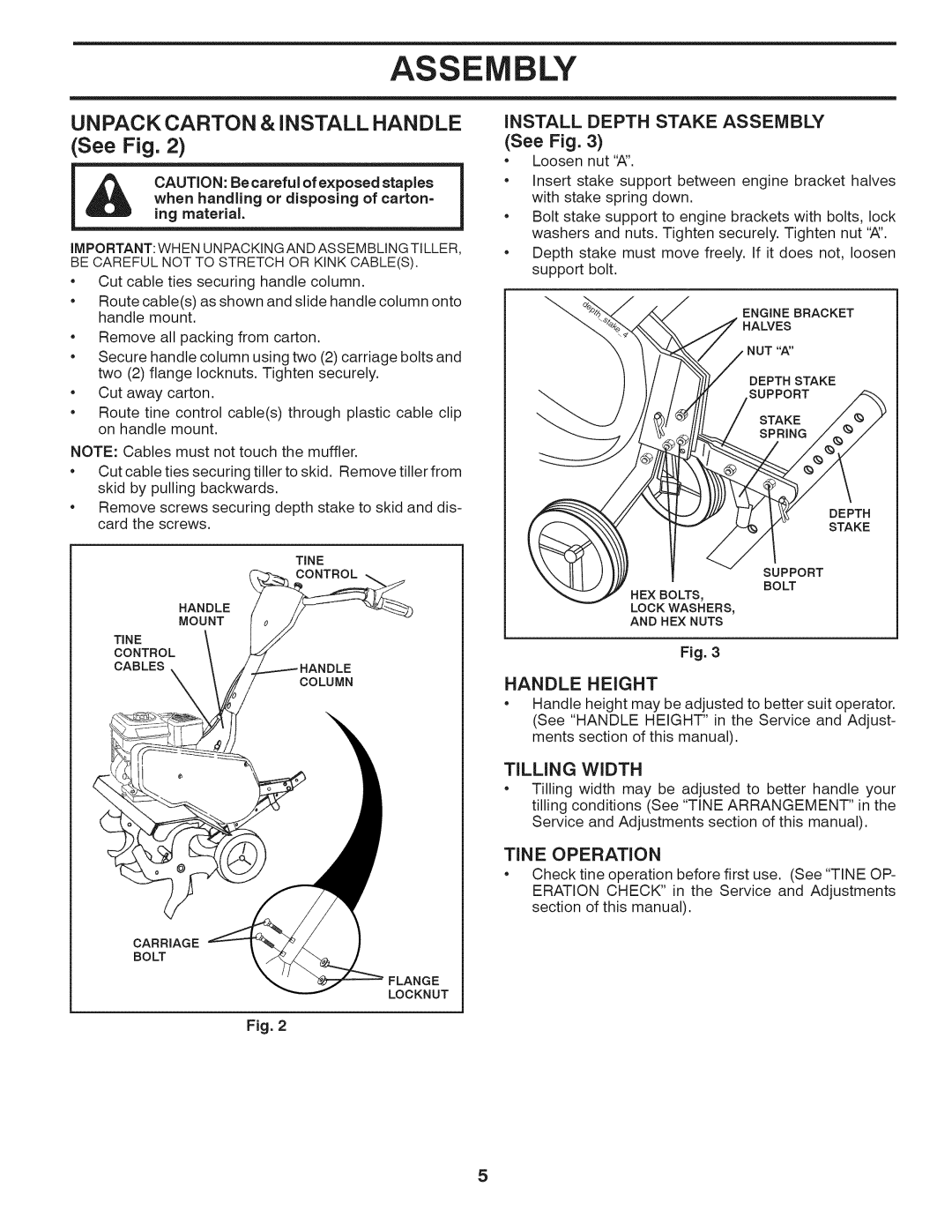 Husqvarna 917.29939 owner manual INSTALL Depth Stake Assembly, See Fig, Handle Height, Tilling Width, TiN E Operation 