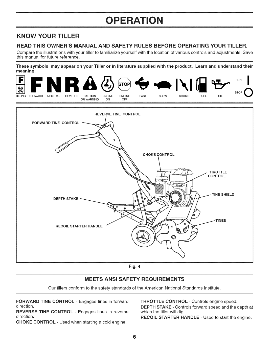 Husqvarna 917.29939 owner manual Operation, Know Your Tiller, Meets ANS! Safety Requirements 