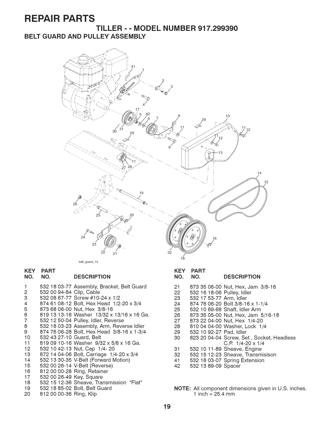Husqvarna 917.29939 owner manual Belt Guard And Pulley Assembly, Repair Parts, Tiller - - Model Number 