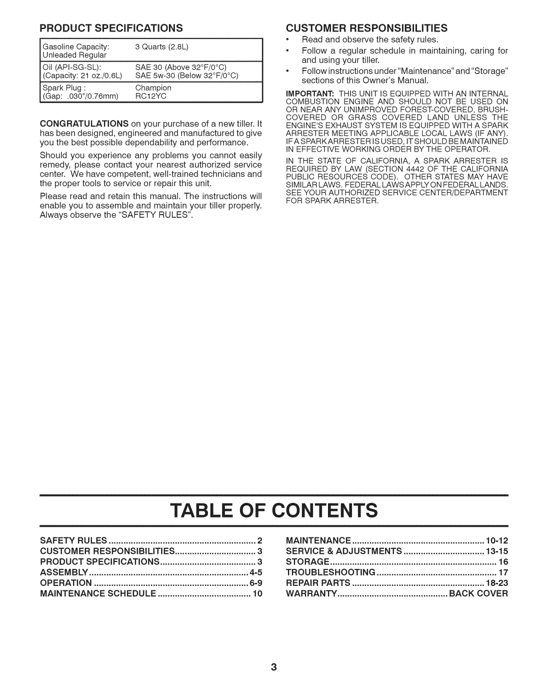Husqvarna 917.29939 owner manual Of Contents, Product, Specifications, Customer Responsibilities 
