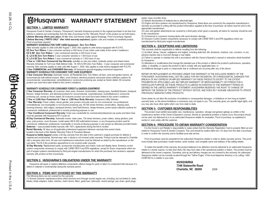 Husqvarna 917.29939 Husqvams WARRANTY STATEMENT, Limited Warranty, Items Not Coveredby This Warranty, Charlotte, NC, 2008 