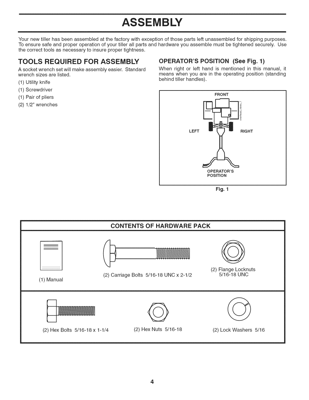 Husqvarna 917.29939 owner manual Tools Required For Assembly, OPERATORS POSITION See Fig, Contents Of Hardware Pack 