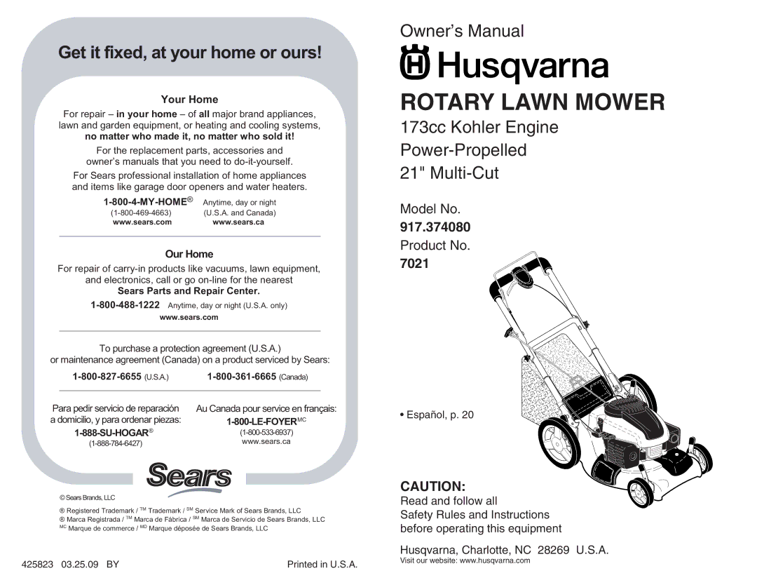 Husqvarna 917.37408 owner manual Rotary Lawn Mower 