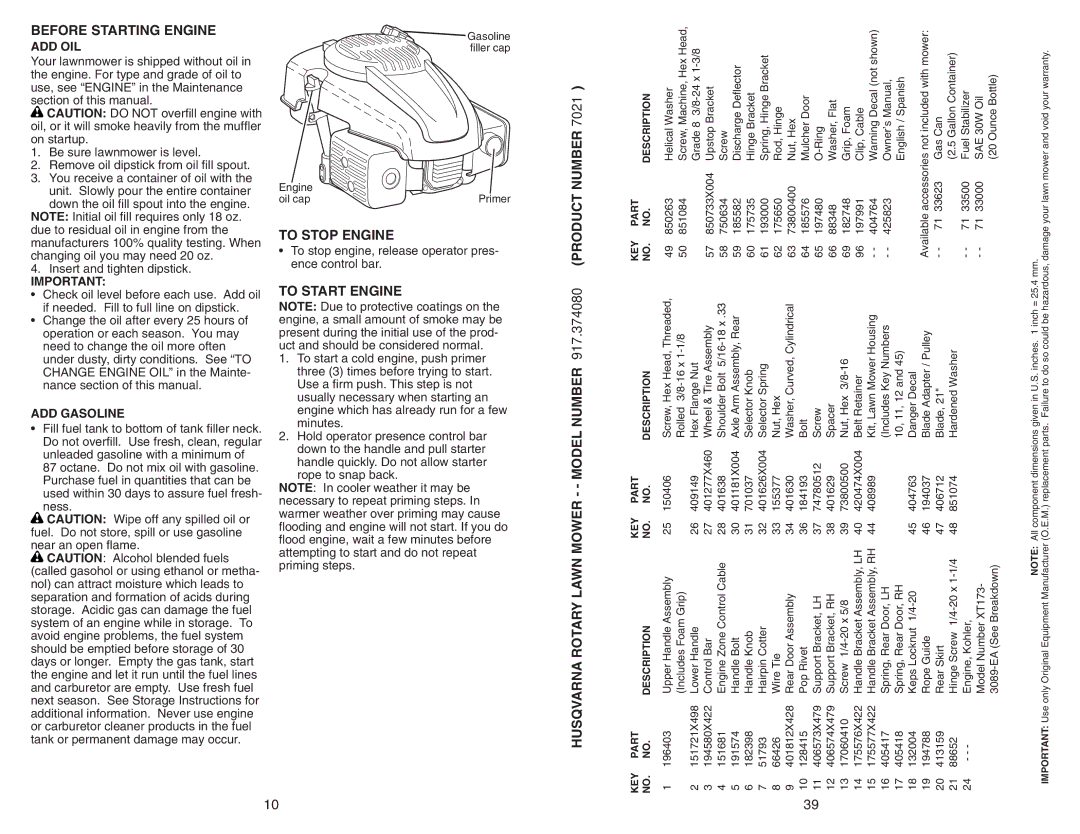 Husqvarna 917.37408 owner manual Before Starting Engine, To Stop Engine, To Start Engine, Product Number 