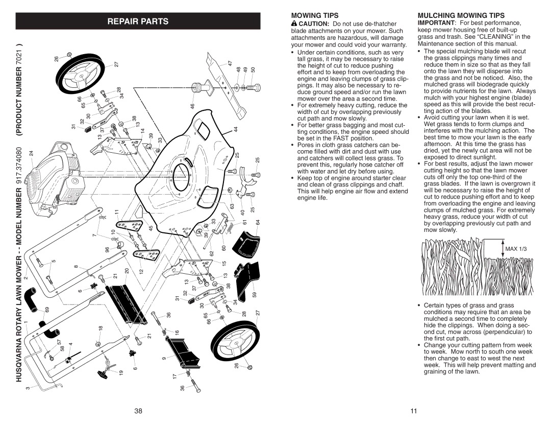 Husqvarna 917.37408 owner manual Repair Parts, Modelnumber, Mulching Mowing Tips, Husqvarna Rotary Lawn Mower 