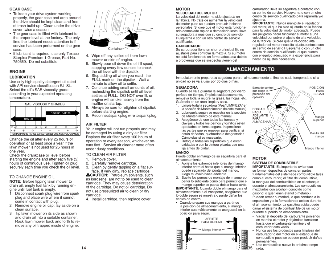 Husqvarna 917.37408 owner manual Almacenamiento, Engine 